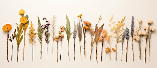 A row of dried flowers neatly arranged on top of a white wall, showcasing their delicate petals and muted colors. The flowers appear to be carefully placed in a linear pattern, creating a simple yet