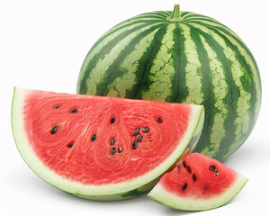 Whole watermelon fruit with slice isolated on white background. Close-up Shot. 