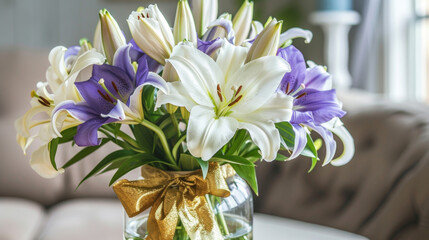 A bouquet of fragrant white and purple lilies expertly arranged in a glass vase and adorned with a shiny gold bow a popular choice for Mothers Day gifting.