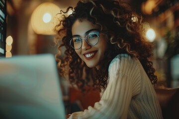Happy and smiling hispanic businesswoman typing on laptop, office worker with curly hair and glasses happy with achievement results, at work inside office building, Generative AI