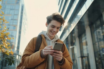 A young man walks through the city with a phone in his hands, outside an office building, happily uses an application on a smartphone, reads messages, types, and browses the Internet, Generative AI