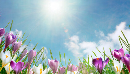 Spring crocus flowers on blue sky background with white clouds and sun - 755297911