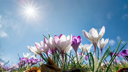Spring crocus flowers on blue sky background with white clouds and sun - 755297918