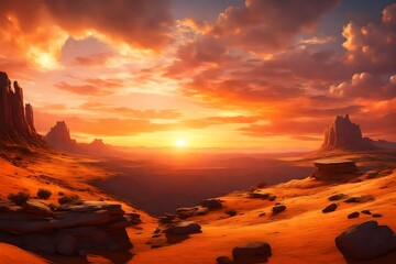 Sunset's warm embrace over vast plateau terrain, a serene composition in high definition.