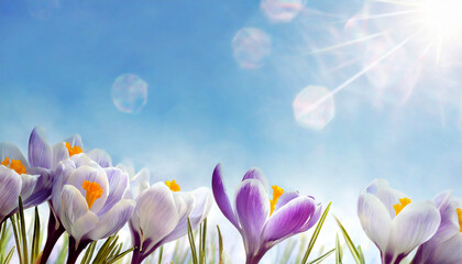 Spring crocus flowers on blue sky background with white clouds and sun - 755297932