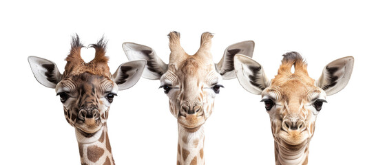 Fototapeta premium The engaging image presents three giraffes with distinctly different facial expressions, highlighting their unique personalities