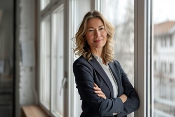 Happy business women wearing suit standing in office