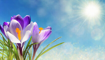 Spring crocus flowers on blue sky background with white clouds and sun - 755297987