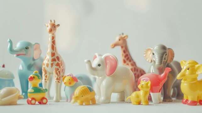 Soft pastel-colored toy animals standing together,  Safe Toys and Gifts Month
