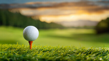 golf course in the evening at sunset with golf ball on tee, panoramic banner, copy space - 755298101