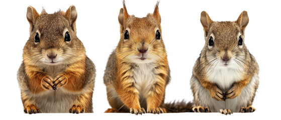 Fototapeta premium This image beautifully captures three chipmunks looking straight ahead with friendly and inviting expressions, exuding charm