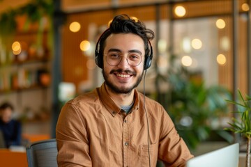 Portrait of young successful arab businessman, man with headset phone for video call smiling and looking at camera, employee senior customer service manager at workplace inside office, Generative AI