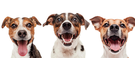 This triple portrait captures the infectious cheer of three terrier dogs against a white backdrop, all with tongues displayed