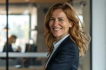 Obraz premium Happy business women wearing suit standing in office