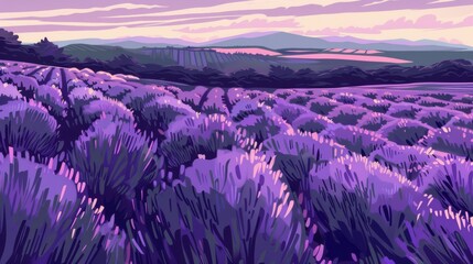 Background Texture Pattern Lavender Fields that captures the serene beauty of lavender fields in a cel-shaded Soft Purples Style created with Generative AI Technology