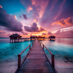 Fantastic sunset beach shore, wooden pier
