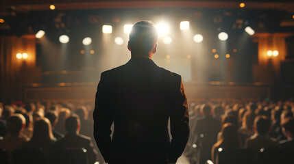 Rear view of motivational speaker standing on stage in front of audience in conference or business event - obrazy, fototapety, plakaty