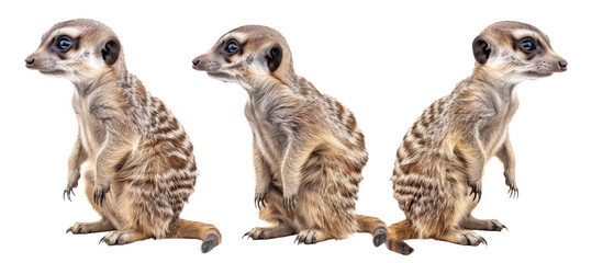 A trio of meerkats captured in high resolution exhibiting vigilant and curious postures, isolated on a white background - obrazy, fototapety, plakaty