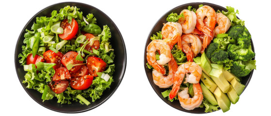 This green salad in a black bowl features shrimp, tomatoes, cucumbers, and lettuce, with a nutritious appeal