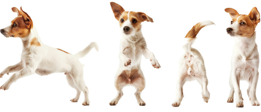 An energetic Jack Russell Terrier captured in a series of dynamic poses, highlighting its agility and perky personality
