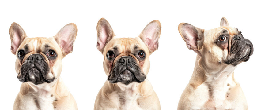 Adorable trio of French Bulldog puppies in a variety of cute poses against a white background, showcasing their playful and inquisitive nature