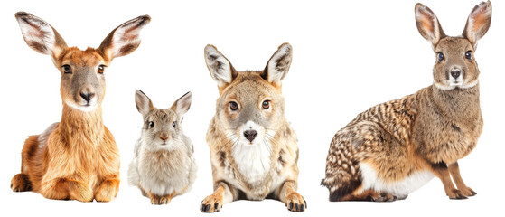 An assorted lineup of a kangaroo, a bunny, and a hare, each offering a unique front-facing perspective, isolated on a white background