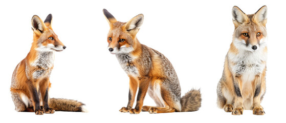 This image depicts a placid red fox sitting and scanning its surroundings, neatly isolated on a white background for clarity