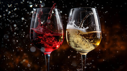Two glasses of red and white wine with splash reflect one another on dark background, wine splash - obrazy, fototapety, plakaty