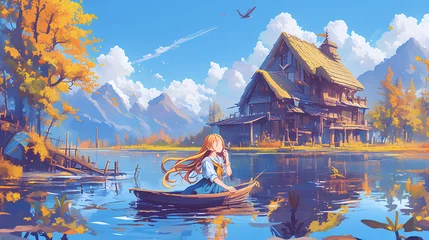 Fotobehang Adorable little anime girl on a boat in the middle of the lake © Adja Atmaja