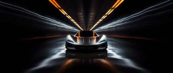 Naklejka premium The concept of a futuristic sports car running in a tunnel with neon light strips. 3d illustration