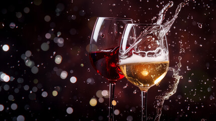 Two glasses of red and white wine with splash reflect one another on dark background, wine splash