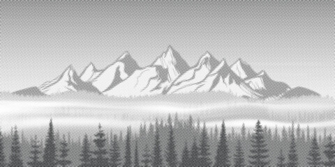 Fototapeta premium Black and white mountain landscape, panoramic view, vector illustration