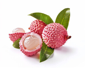 Whole lychee fruit with slice and leaves isolated on white background. Close-up Shot. 