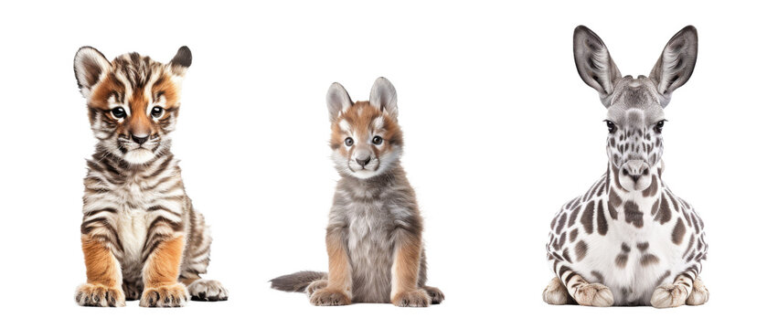 A digitally altered portrait of three wild baby animals, tiger, lynx, and giraffe