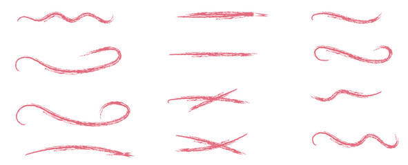 Crayon brush stroke red underline. Chalk pen highlight stroke. Vector hand drawn brush underline element set for accent, crayon texture emphasis element. Red chalk brush strokes. vector illustration