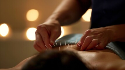 A patient with psoriatic arthritis receives acupuncture treatment in a quiet dimlylit room. The acupuncturist carefully inserts thin needles into specific points on the patients