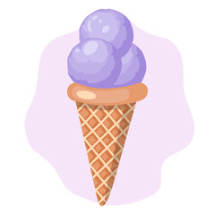 Lavender ice cream. Three balls of creamy sweet dessert in a waffle cone. Purple sorbet. Vector illustration on white background.