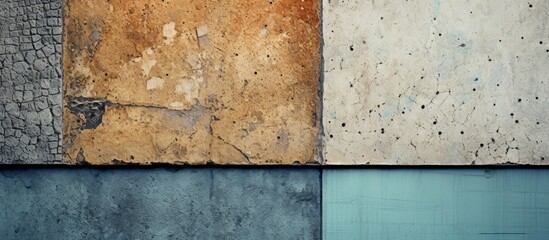 A detailed closeup shot showcasing various types of concrete on a rectangular wall. The patterns and textures resemble a form of artistic building material
