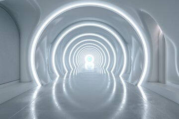 Futuristic tunnel with gleaming, curved, white light panels in a diminishing perspective, concept of modern architecture and design