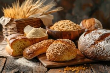 Assortment of fresh baked goods on wooden table with wheat sheaves, concept of bakery, home cooking, and rustic food styling