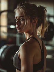 Fototapeta na wymiar Blond girl character portrait with beautiful eyes and shaped body in gym 