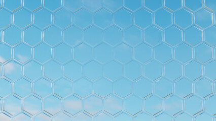 六角形が並ぶ幾何学的な背景素材。青空。3D（横長）