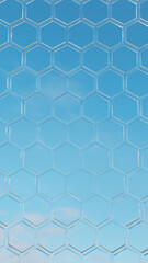 六角形が並ぶ幾何学的な背景素材。青空。3D（縦長）