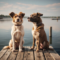 two dog on the wooden pier