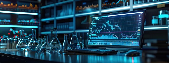 Modern laboratory analysis with scientific glassware and financial graph on computer, Concept of data-driven research in science and finance