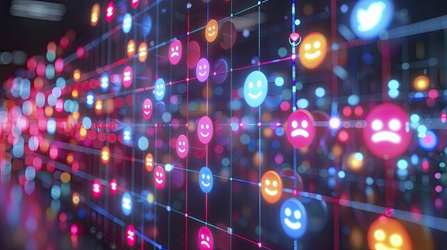 A sentiment analysis graph shows emoticons transitioning from sad to happy in social media posts.