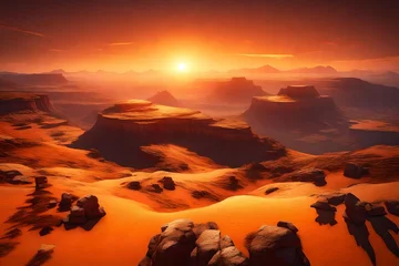 Photo sur Plexiglas Rouge Sunset's warm embrace over vast plateau terrain, a serene composition in high definition.