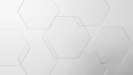 白背景に透明な六角形のガラス。3D（横長）