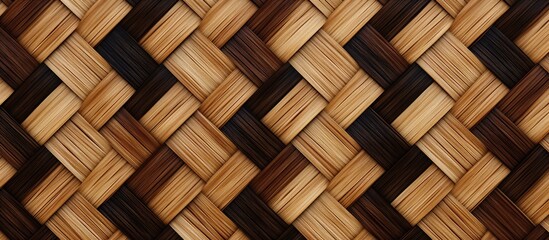 A closeup of a brown wicker basket with a diagonal pattern, made of wood planks stained with varnish. It sits on a beige wooden floor