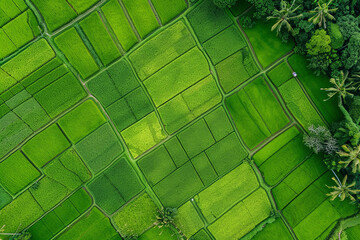 Aerial view of a green paddy field